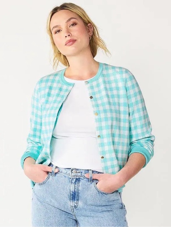 Draper James Sweaters - Turquoise Gingham Button up Cardigan Sz L Large NWT